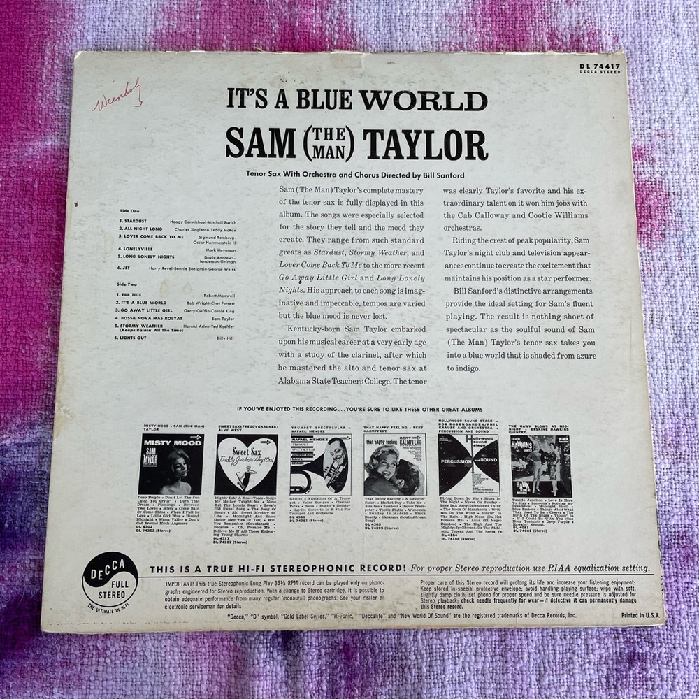 Sam Taylor It's a Blue World Record Vinyl